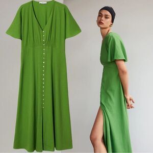Mango Linen Blend Green Dress New